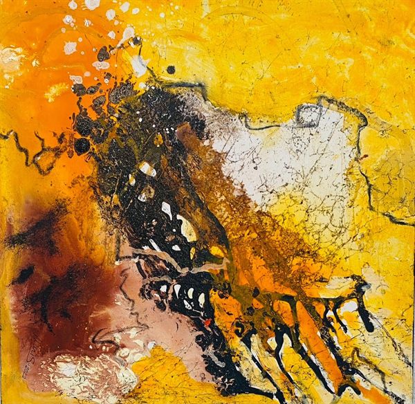 Im Sog der Sonne – Abstraktes Original Gemälde 50x50 cm – Acryl Mixed Media – Moderne Kunst in Gelb Orange