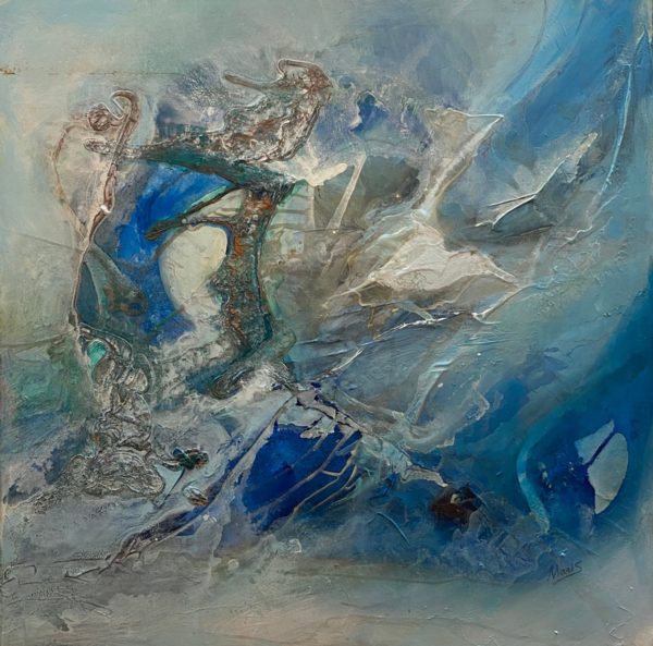 Abstraktes Gemälde in Blau, Silber und Kupferbraun mit reliefartiger Struktur und korallenartigen Formen, 90x90 cm, von Maris